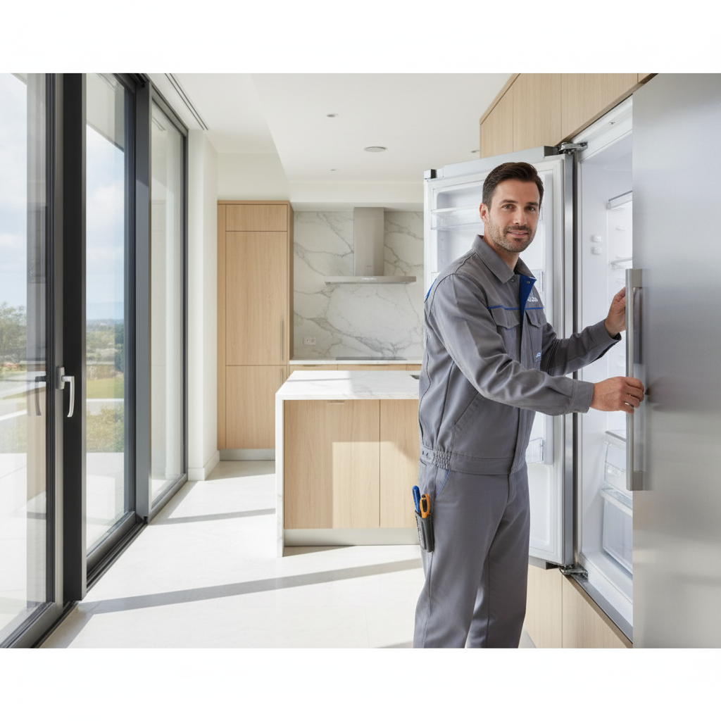Professional appliance repair technician servicing a GE refrigerator